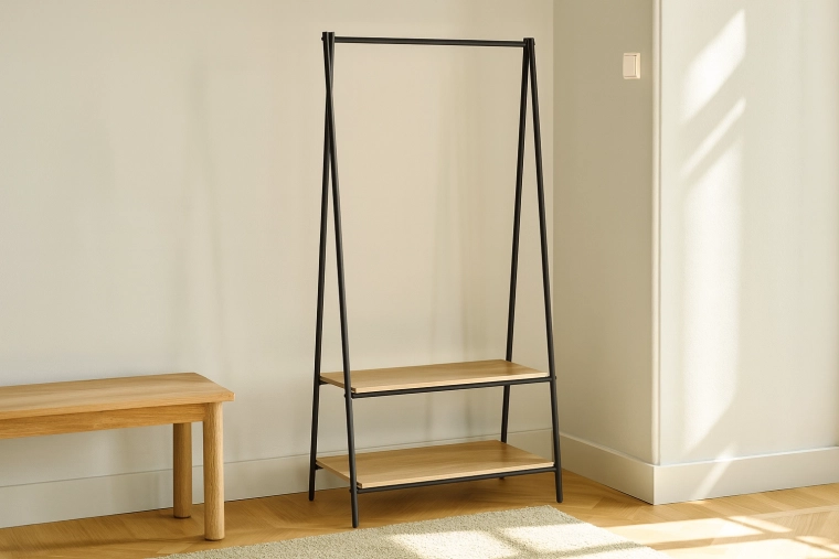 Vabalt seisev riidestange 2 riiuliga 80 × 40 × 160 cm, metall ja puit, loft-disain