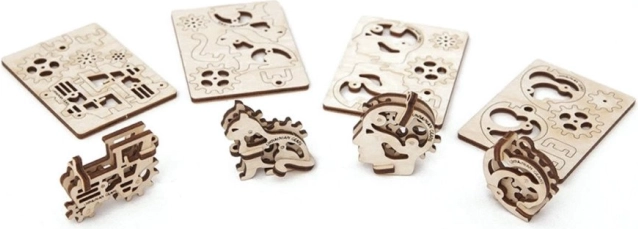 Ugears 3D mehaaniline puidust pusle – 4 mehaanilist ripatsit, tegelaskujude sümbolid