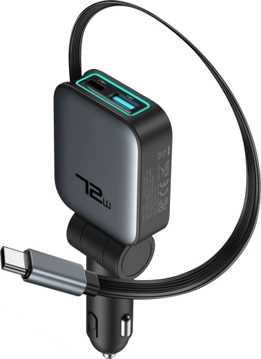 Renew Force 3-ühes autolaadija 72 W koos sissetõmmatava USB-C-kaabliga