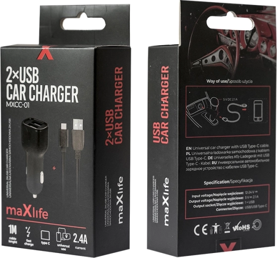 Autolaadija MAXLIFE 2× USB + USB‑C 2,4 A, must