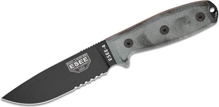 ESEE nuga 4S osalise sakiga, 11,4 cm, must/hall, Micarta, MOLLE-tupp