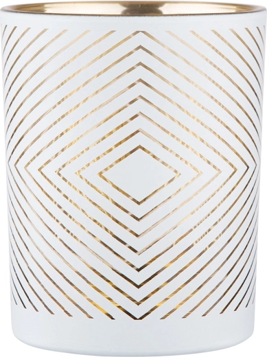 Valge klaasist küünlaalus kuldse sisemusega 10 × 12,5 cm, geomeetriline