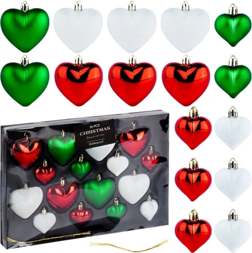Purunematud jõuluehete komplekt südamed punased, rohelised ja valged 16 tk (6,5 cm ja 4,5 cm)