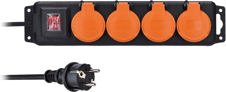 Solighti välistingimustes kasutatav pikendusjuhe IP44, 4 pistikupesa ja lüliti, 5 m