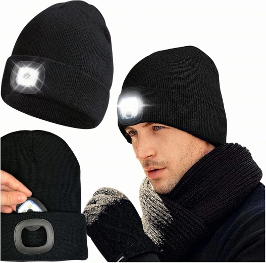 Black Winter Beanie with LED Headlamp for Running