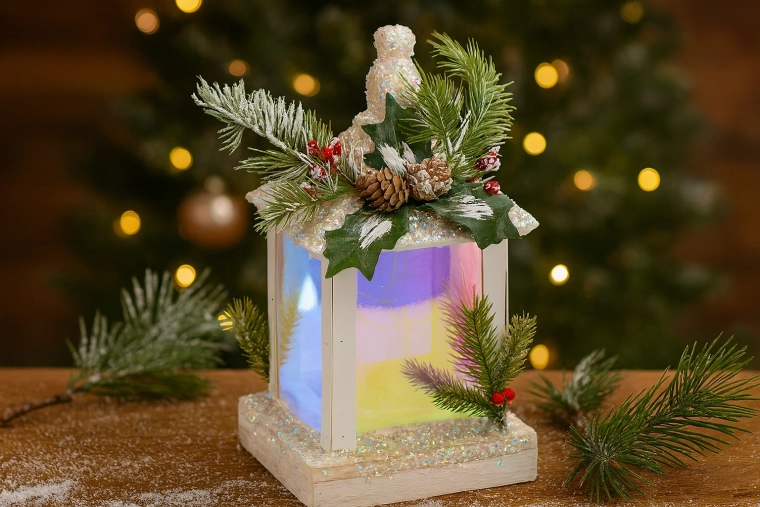 Jõuluteemaline valge LED-latern 15 × 15 × 32 cm