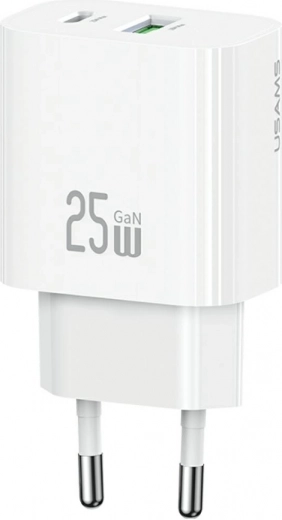 USAMS 25 W võrgulaadija USB‑C ja USB‑A-ga, kiirlaadimine, valge