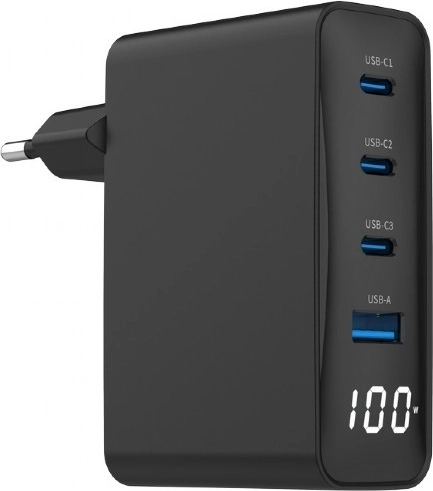 Universaalne GaN-laadija 100W 1xUSB-A 3xUSB-C Kiirlaadimine LCD must