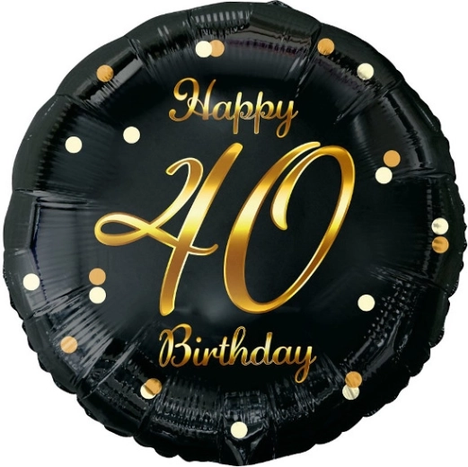 Fooliumõhupall Happy 40th Birthday, must kuldse trükiga