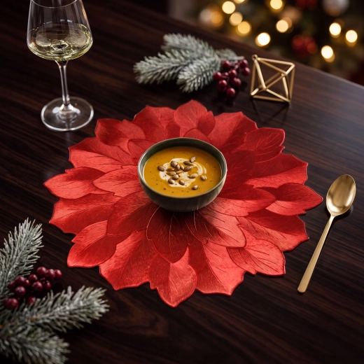 Red flower-shaped placemat with metallic effect, 38 cm
