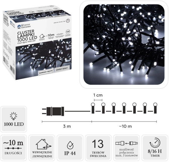 LED-klastervalguskett, 1000 LED-i, külm valge, 10 m