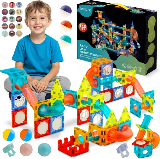 Valgustusega magnetiline ehituskomplekt kuulirajaga Ricokids, 110 osa