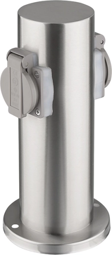 Solight aiakujuline roostevabast terasest aiapistikupost IP44 2 pistikupesaga, silinder, hõbedane