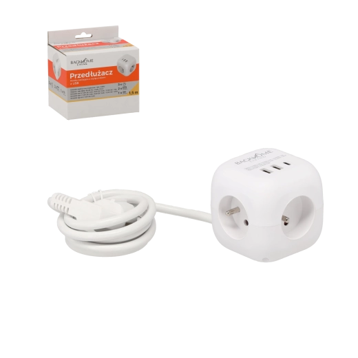 Pikendusploki kuubik 3×230 V ja 3× USB, 1,5 m, valge