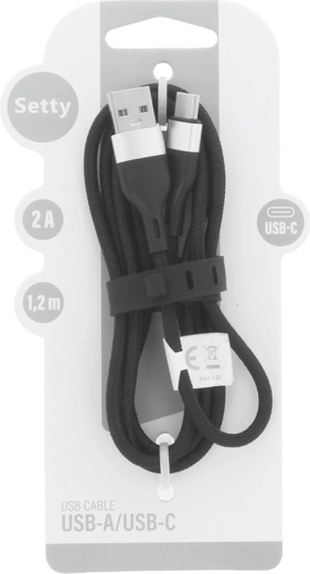 Setty USB-A – USB-C kaabel 1,2 m, 2 A, must