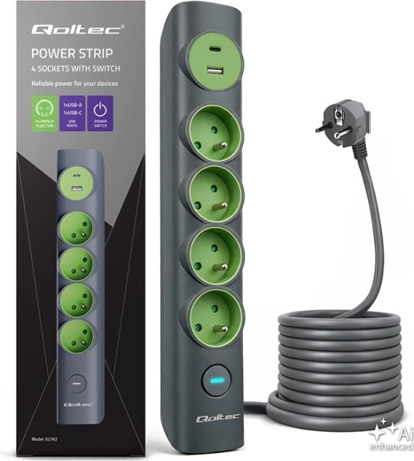 Surge-protected power strip with 4 sockets and USB-C