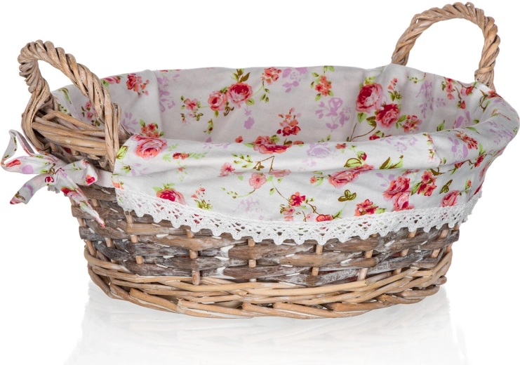 Ümmargune punutud korv kangavoodriga ROSES 30 × 12 cm käepidemetega