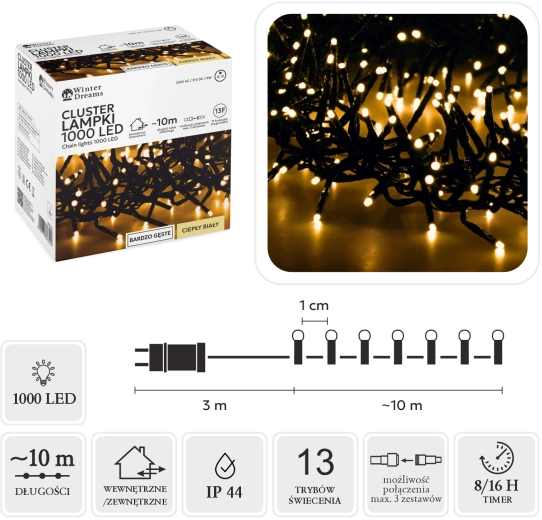 LED-valguskett Cluster, 1000 sooja valge LED-i, 10 m