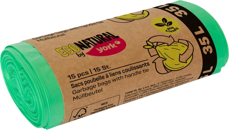 Ökoloogilised prügikotid sangadega 35 l, rohelised, 50 × 60 cm (15 tk)