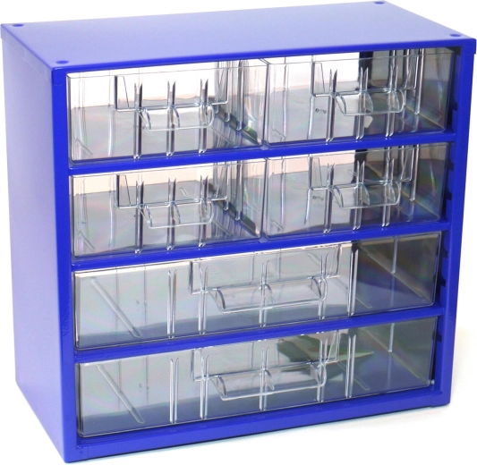 Metallist hoiukapp läbipaistvate sahtlitega, 4 keskmist ja 2 suurt, 30,5 × 28 × 15,5 cm