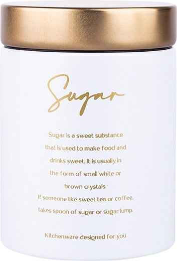 Round decorative storage tin with lid, matte white with gold lid, 15 cm