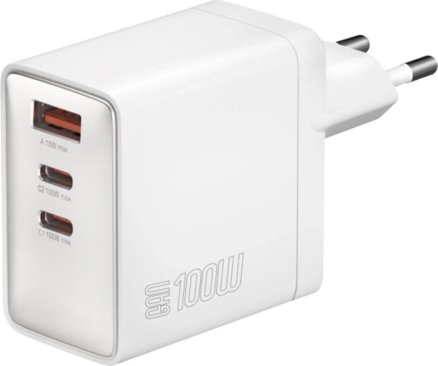 Võrgulaadija Pocket 100W GaN, 2× USB‑C + USB‑A, valge