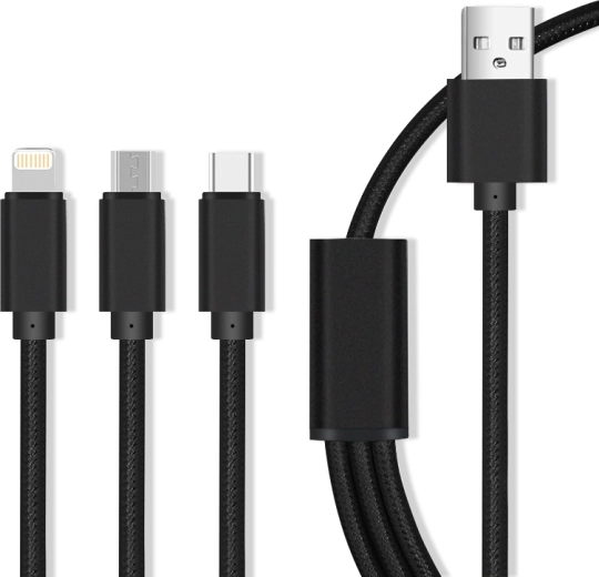 Maxlife nailonist laadimiskaabel 3-ühes Micro USB / USB-C / Lightning 2,1 A, must