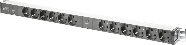 PDU power strip 19" RACK, 12x Schuko socket, 2x 2m Unischuko plug, 16A, overload, aluminum profile