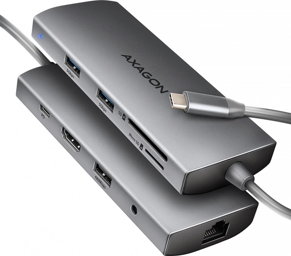 Multifunctional USB‑C hub 9‑in‑1 5 Gb/s with HDMI 4K/60 Hz, 3× USB‑A, SD/microSD reader, GLAN, audio and PD 100 W, 20 cm USB‑C cable