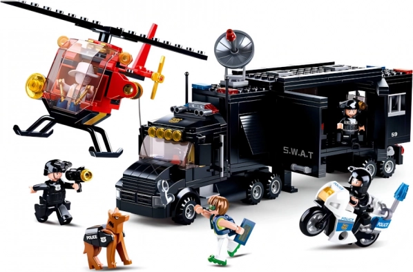SLUBAN Police SWAT Mobile Base with Helicopter and Motorcycle