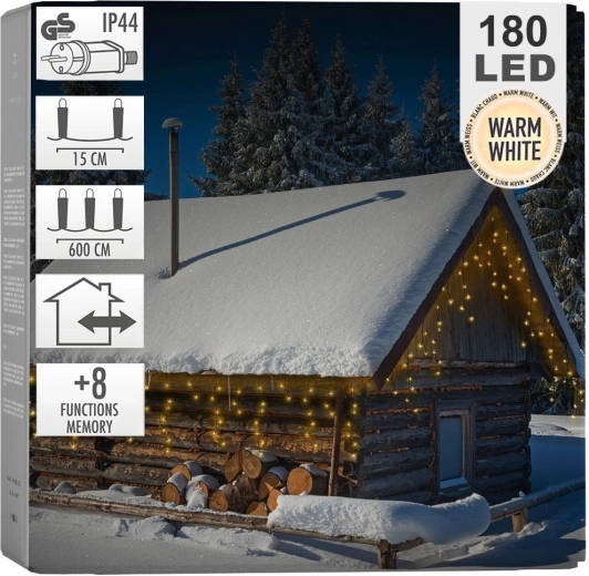 Välitingimustesse mõeldud valguskardin 180 LED-i, 5,85 m – soe valge