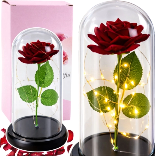 Everlasting red rose in a glass dome with LED lighting