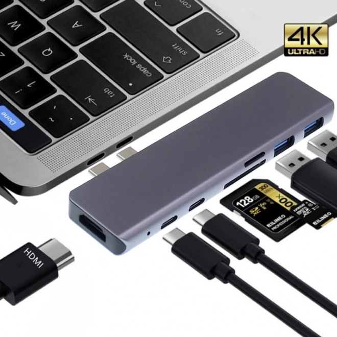 7-ühes USB‑C hub-adapter HDMI 4K ja SD-kaardilugejaga MacBook Pro/Airile – hall