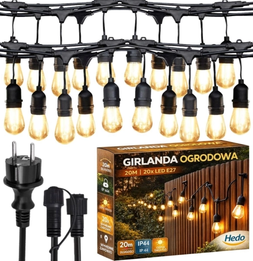 Välistingimustesse mõeldud valgusgirland 20 m, 20 vahetatava LED-pirniga E27, soe valge, IP44