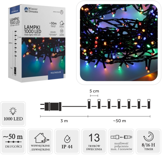 Multicolored LED string lights with 1000 LEDs, 50 m