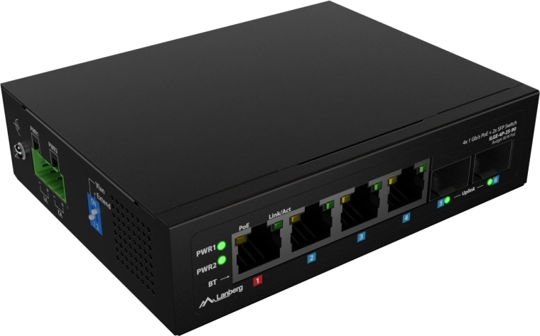 Lanberg kerge tööstuslik PoE switch DIN-liistule 4× RJ45 + 2× SFP gigabit
