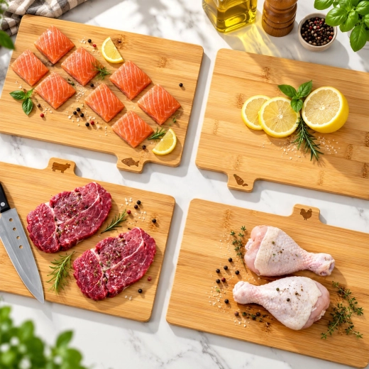 Four cutting boards for different ingredients