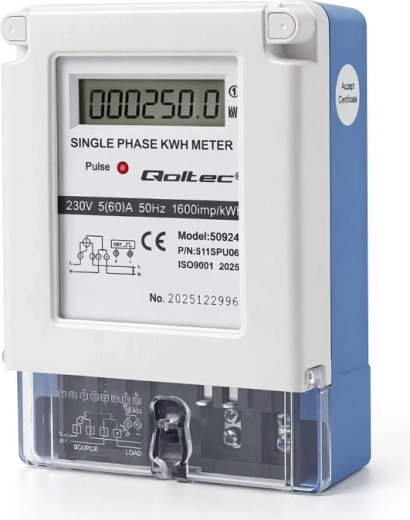 Qoltec ühefaasiline energiatarbimise elektriarvesti 230 V 5(60) A LCD