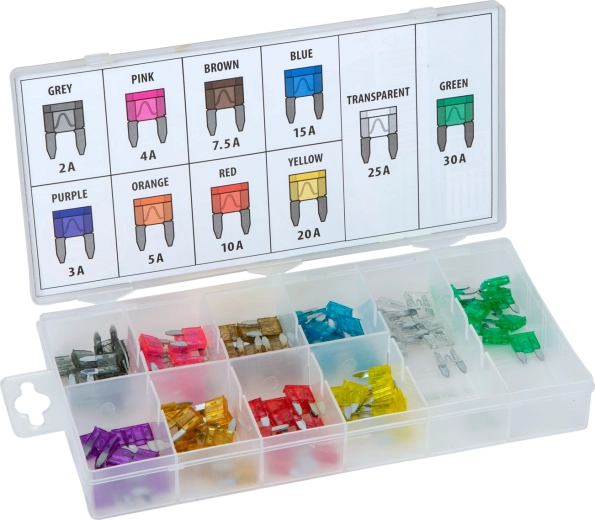 Set of mini blade automotive fuses in a box, 100 pcs, 2–30 A