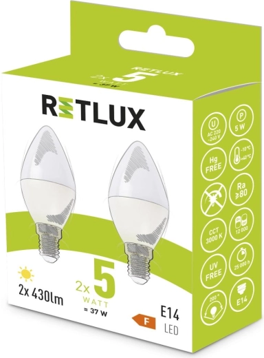 Retlux LED-pirn C37 E14 soe valge 5 W – 2 tk