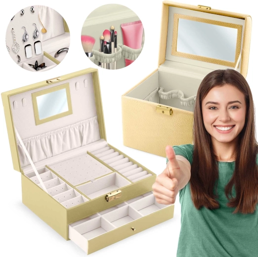 Massido jewelry box and makeup case set in gold - 2 pcs