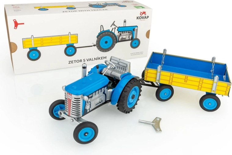 Üleskeeratava võtmega metallist traktor Zetor koos haagisega 28 cm KOVAP – Sinine
