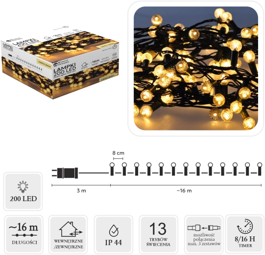 LED-valguskett Cherry Ball, 200 LED-i, soe valge, 16 m