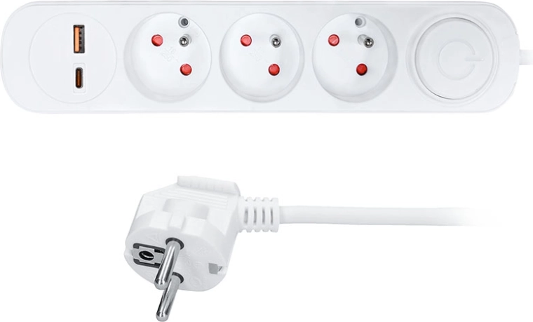 Solight pikendusjuhe 3 pistikupesa, USB-A ja USB-C PD 20 W, 2 m, valge, lülitiga