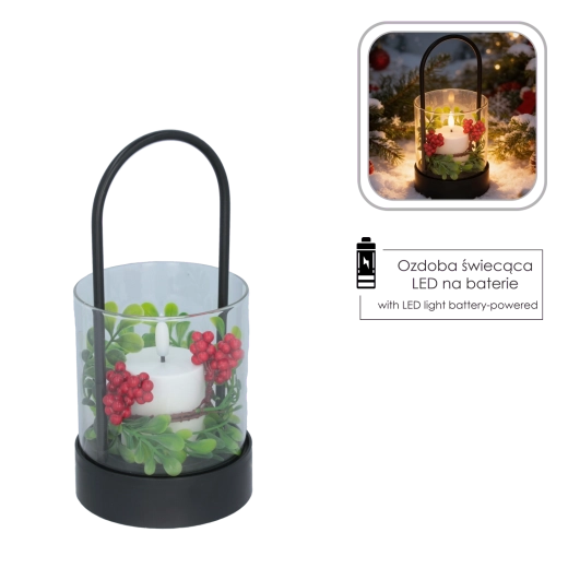 Decorative LED lantern with candle and Christmas wreath 21.5 cm - 1 piece