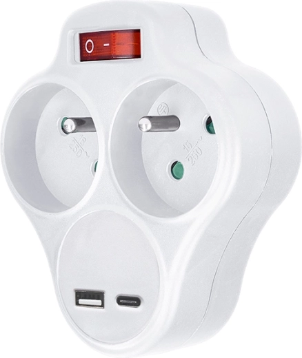Solighti pistikupesajaotur pistikupesade ja USB-kiirlaadimisega 20 W PD, valge
