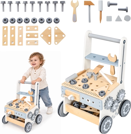 ECOTOYS-i puidust laste tööpingi, käimistoe ja tööriistadega