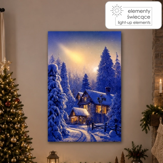 LED-valgustusega lõuendipilt – talvemaja metsas 40 × 60 × 3,2 cm – 1 tk