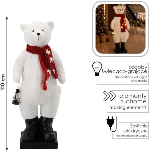 Jõulune liikuvate elementide ja meloodiaga LED-jääkaru, 110 cm