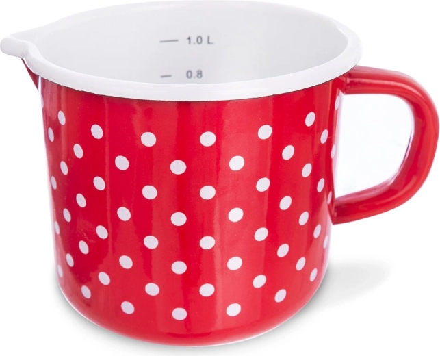 Enamel measuring mug TEČKA, red with dots, 1.2 l